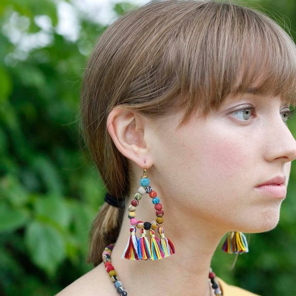 World Finds Kantha Fringe Tassel Earrings - Picture 4 of 4